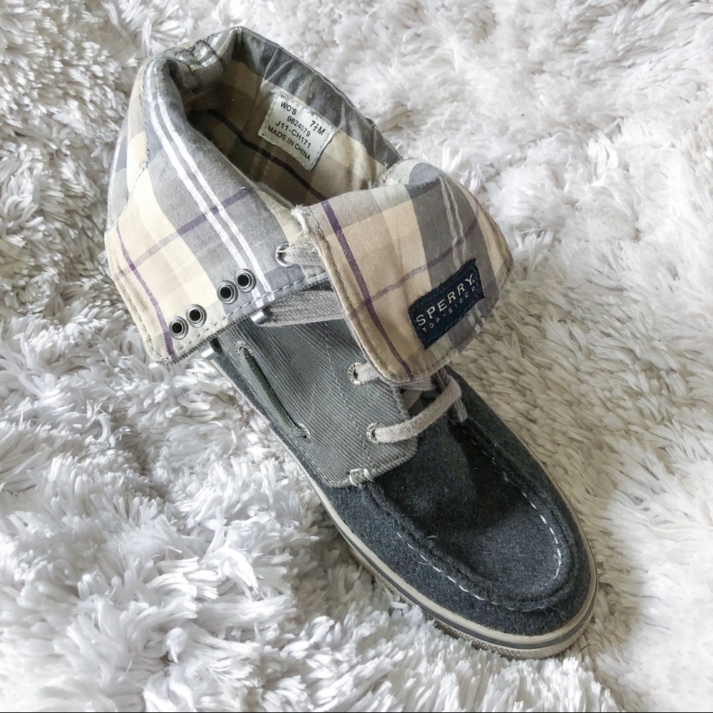 sperry | high top roll down plaid shoes 7.5 - Picture 3 of 7